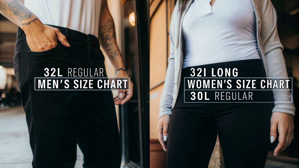 Comparing Men's and Women's Inseam Sizing A side-by-side graphic of a men's size chart and a women's size chart, highlighting how "32L" is Regular for men but Long for women.