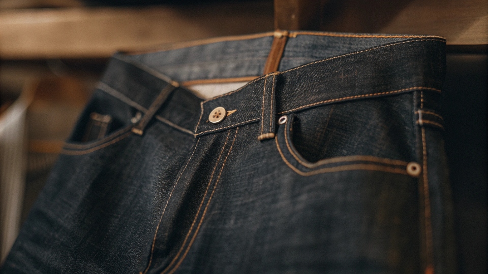 Japanese Selvedge Denim Detail A close-up shot of a raw Japanese selvedge denim, showing the iconic red-line selvedge ID and the irregular, slubby texture of the fabric.