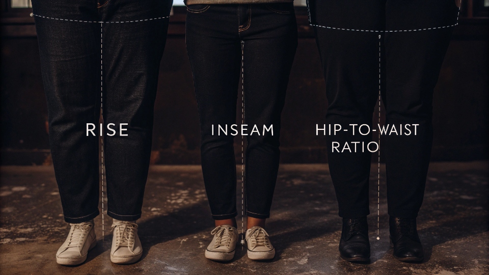 The Three Key Fit Zones of Jeans An infographic diagram illustrating the three key fit zones of a pair of jeans: Rise, Inseam, and Cut.