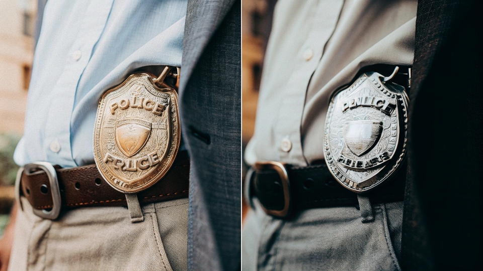 Real vs. Fake Police Badge A comparison image showing a real, detailed police badge next to a cheap, generic costume badge.