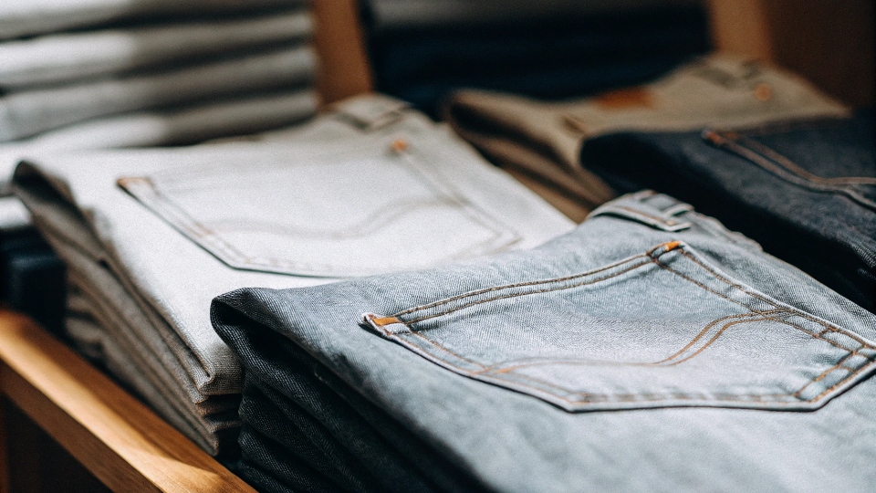 The Superior Craftsmanship of Japanese Selvedge Denim A display of ultra-dark, crisp Japanese selvedge denim jeans, highlighting their texture and craftsmanship.