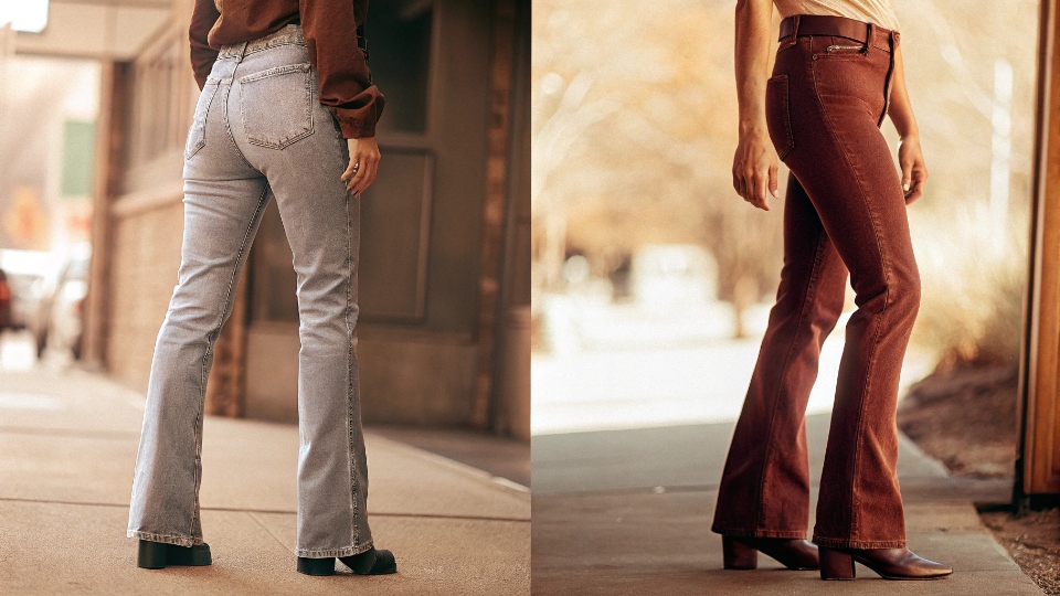 Comparing the Silhouettes of Straight Leg and Bootcut Jeans A split-screen image showing the same person wearing straight leg jeans on the left and bootcut jeans on the right.