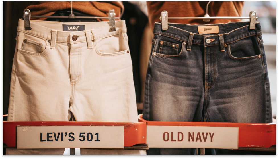 Comparing the Design Philosophy of Levi's 501s and Old Navy Jeans A classic Levi's 501 jean side-by-side with a more modern, softer-looking Old Navy jean.