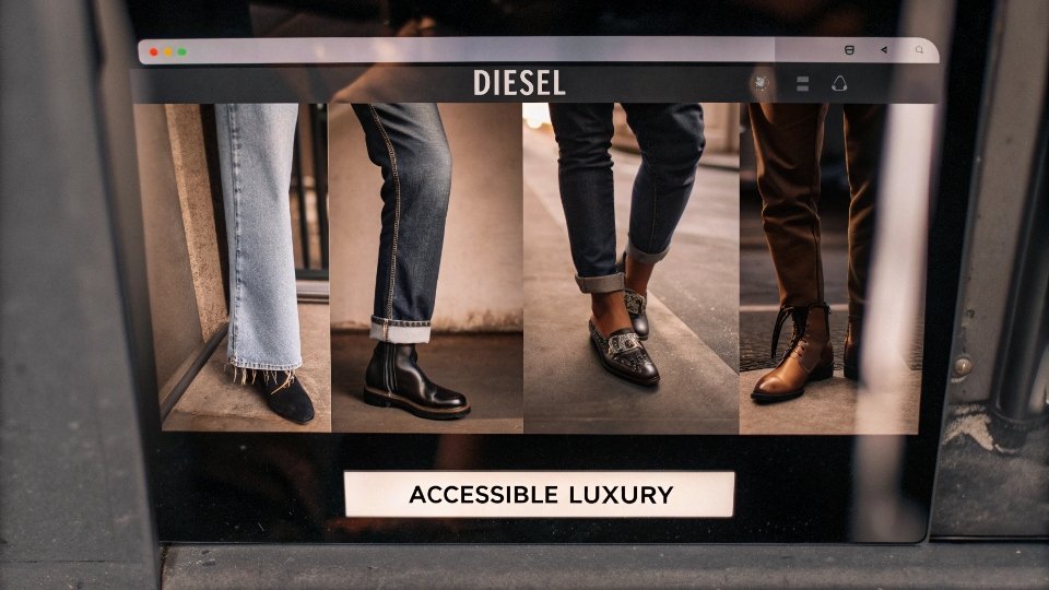 Diesel Jeans on a Luxury Retail Website A screenshot of an online luxury retailer's website, showing Diesel products listed at the lower end of the price spectrum.