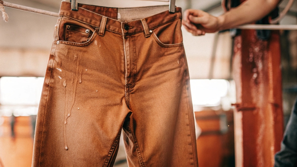 Moisture Trapped in Jean Seams A close-up shot of the thick waistband and seams of a pair of hanging jeans, with a caption indicating this area stays damp the longest.