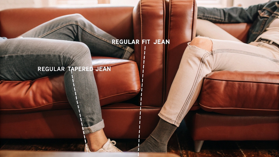 Regular Fit vs. Regular Tapered Fit An infographic showing the outline of a regular fit jean next to the outline of a regular tapered jean.