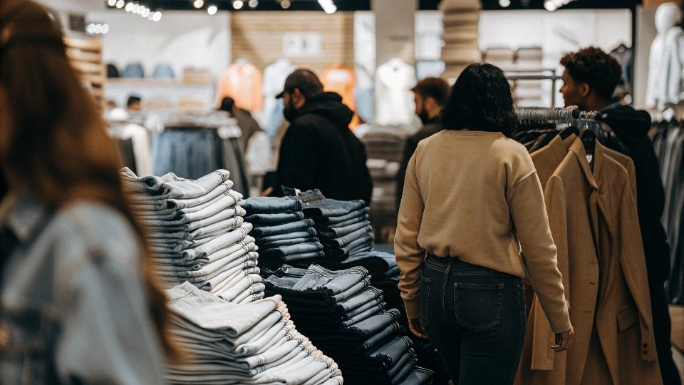 The Value Proposition of Old Navy Quality A busy Old Navy store with stacks of jeans, emphasizing volume and accessibility.