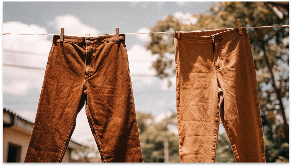 Jeans Air Drying on a Clothesline A pair of dark denim jeans hanging from a clothesline outdoors on a breezy day.