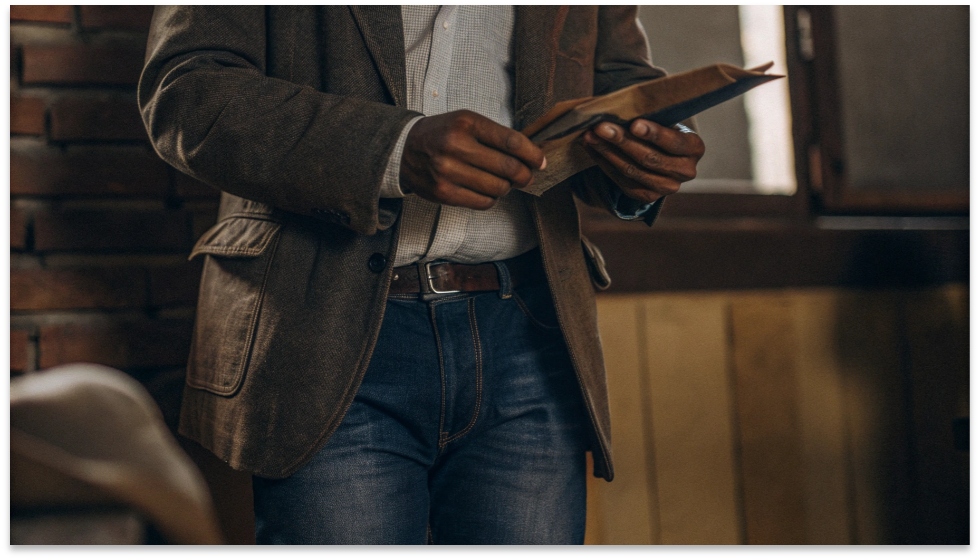 Detective in Plainclothes Wearing Jeans A plainclothes police detective wearing jeans and a blazer while examining a document.