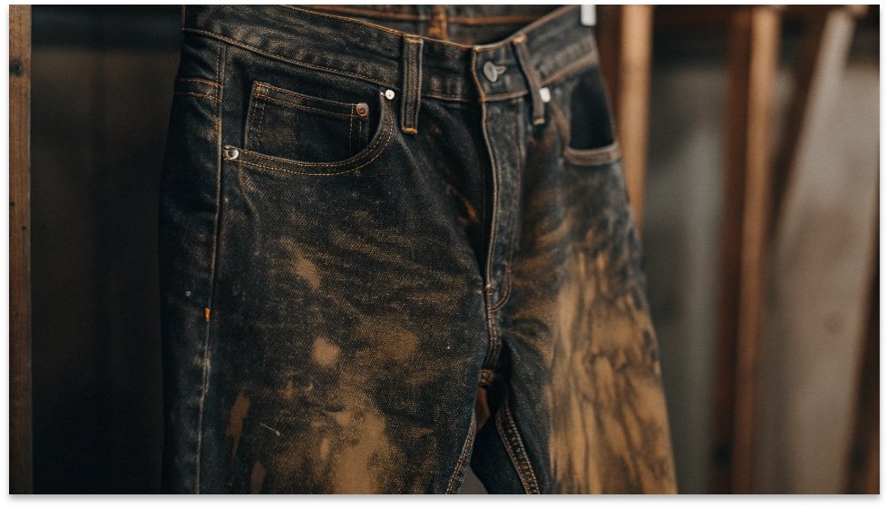 The Detailed Texture of Acid Wash Denim A close-up shot showing the dramatic high-contrast marbling on a pair of professionally acid-washed jeans.