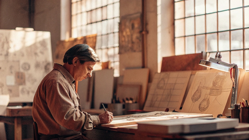 Martin Ksohoh, Founder of Red Monkey Jeans A portrait of a designer, Martin Ksohoh, sketching intricate Japanese-inspired designs in a workshop.