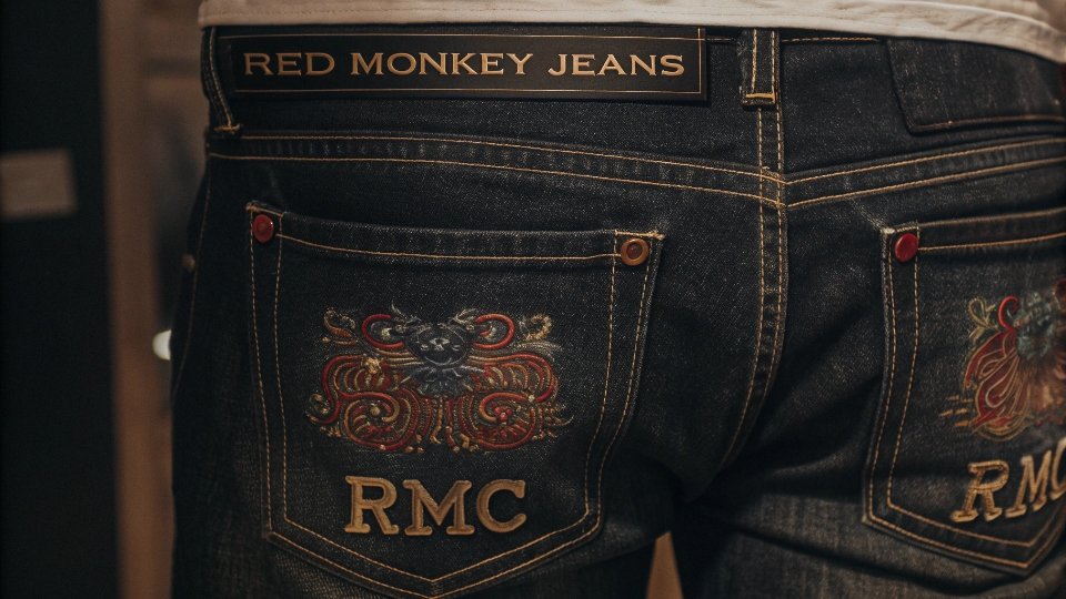 Elaborate Embroidery on Red Monkey Jeans A pair of Red Monkey Jeans with their signature elaborate and colorful embroidery on the back pockets displayed prominently.