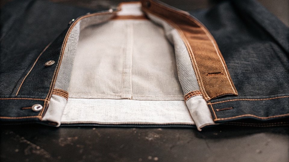 Protective Motorcycle Denim with Aramid Lining A cutaway view showing a layer of yellow Aramid/Kevlar fabric behind the outer denim layer.