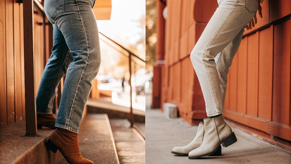 How Straight Leg Jeans Create a Flattering, Elongating Effect A side-by-side comparison of a person in skinny jeans versus straight jeans, showing how the straight leg creates a more balanced, elongated line.