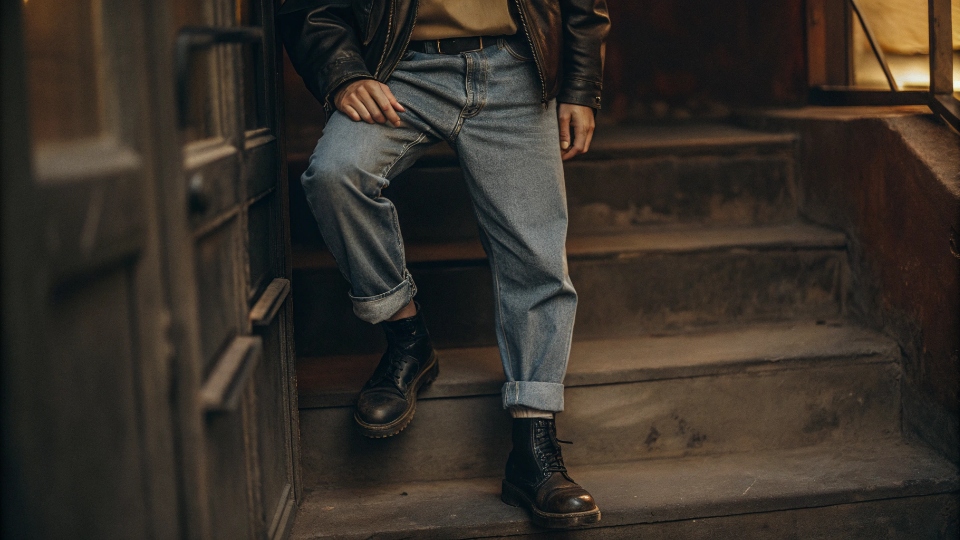 Styling Baggy Jeans for Men A man wearing baggy jeans with a leather jacket and Dr. Martens boots.