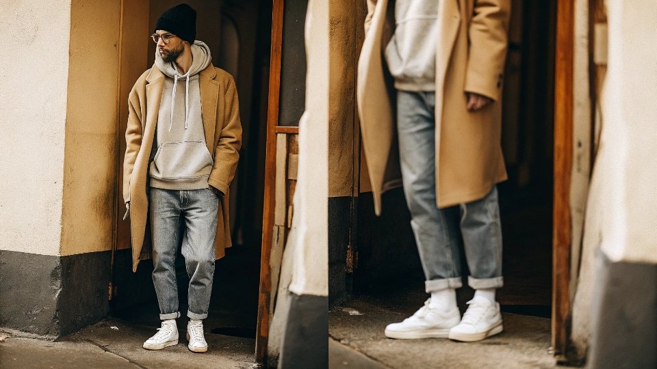 Classic Baggy Jeans and Hoodie Combination A man in a classic streetwear outfit: baggy jeans, a grey hoodie, white sneakers, and a black beanie.