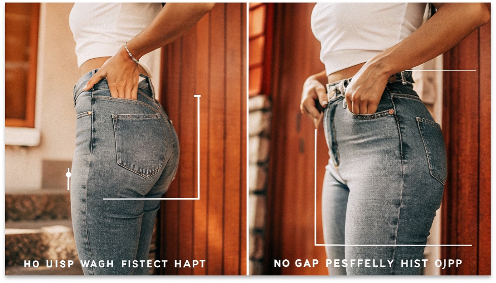 The Perfect No-Gap Fit of Curvy Jeans A woman wearing curvy-fit jeans that hug her waist perfectly with no gap at the back, while fitting comfortably over her thighs.