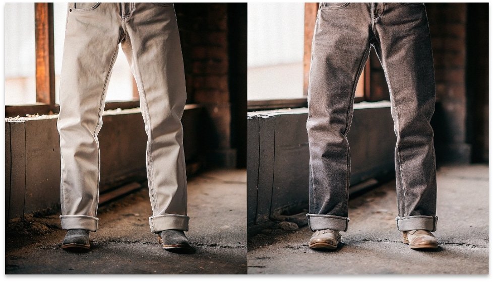 Before and After Softening Denim Jeans A pair of stiff, raw denim jeans on one side and a soft, broken-in pair on the other.