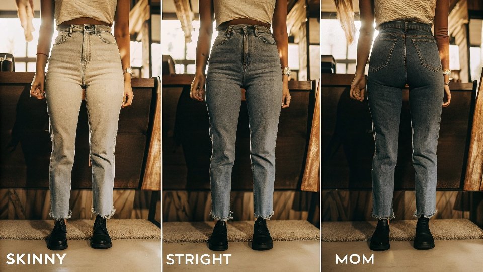 Denim Fit Comparison: Boyfriend vs. Other Styles A side-by-side comparison chart showing the silhouettes of Skinny, Straight, Boyfriend, and Mom jeans on a female figure.