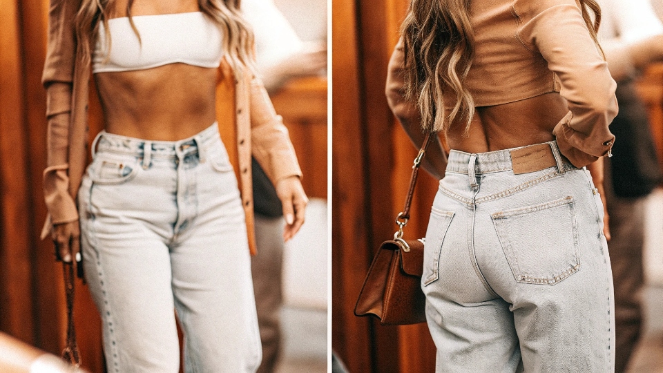 Celebrity Origins of the Boyfriend Jean Trend A paparazzi-style photo from the 2000s showing a female celebrity wearing the iconic early style of loose, light-wash boyfriend jeans.