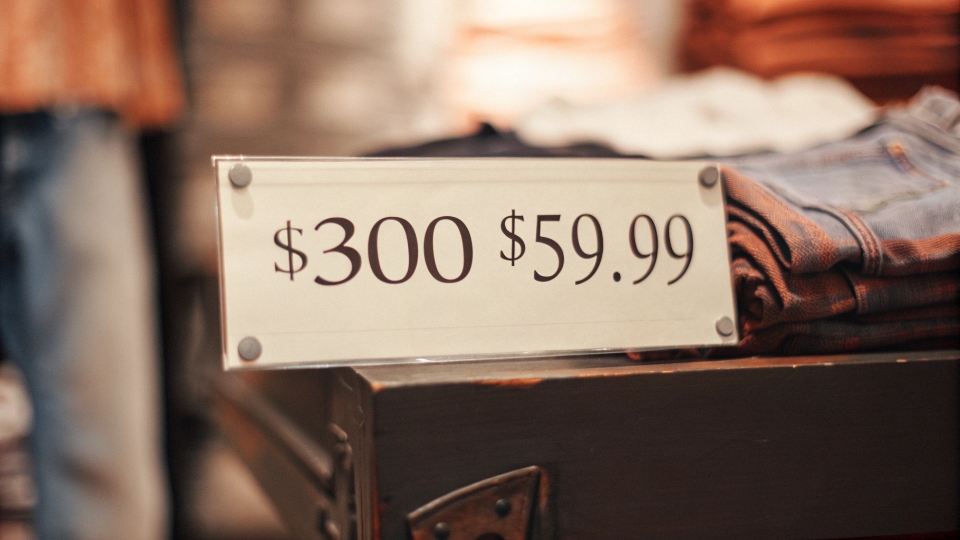 The Price Devaluation of True Religion Jeans A price tag showing "$300" crossed out and replaced with "$59.99" next to a pair of True Religion jeans.