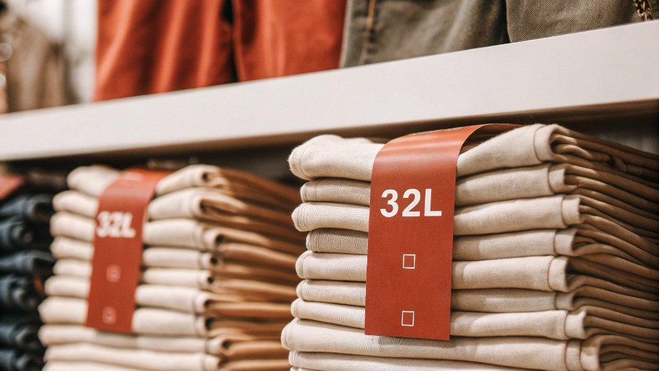 Standard 32 Inch Inseam Jeans in Retail A stack of folded men's jeans in a retail store, with size stickers clearly showing "32L" as the most common length.