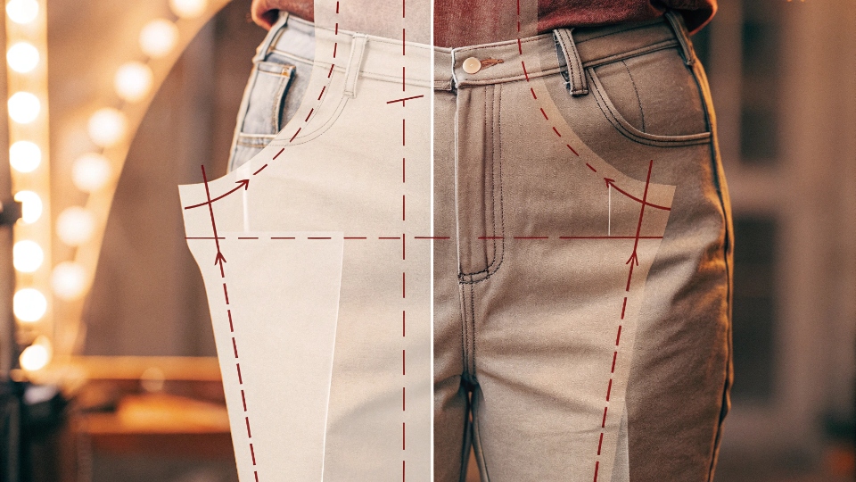 The Anatomy of a Curvy Fit Jean Pattern A diagram of a denim pattern piece, showing the pronounced curve from the narrow waist to the wider hip.