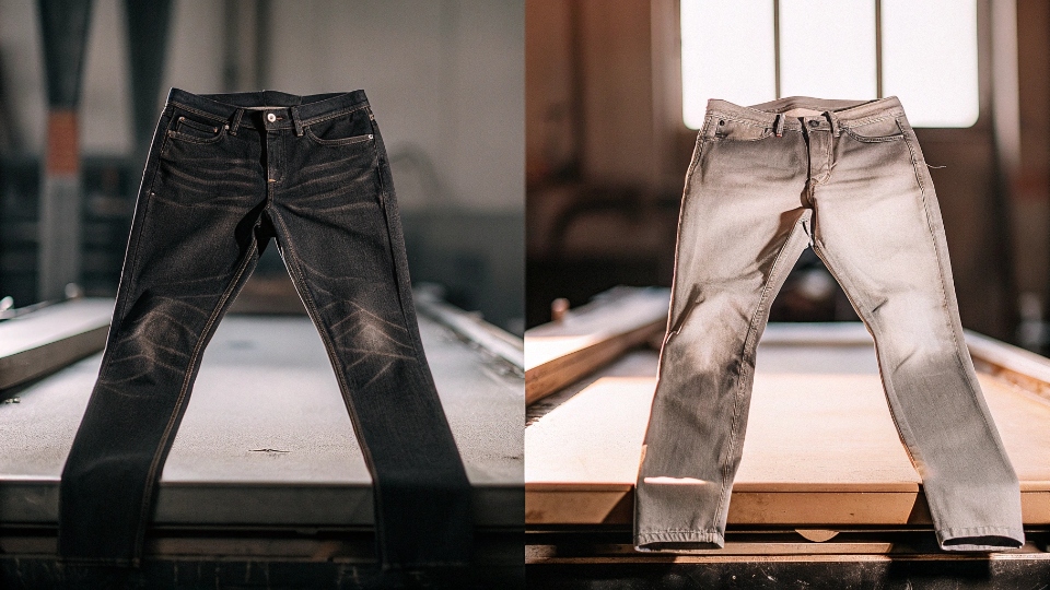 Achieving a Quick Fade with Professional Techniques A split image showing a dark, raw denim jean on one side and a perfectly faded, whiskered jean on the other.