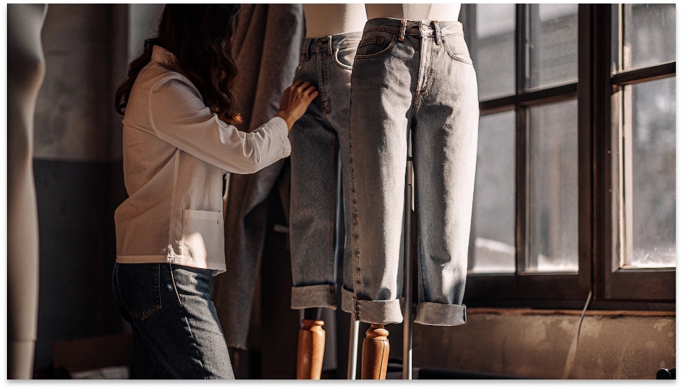 Fixing Jeans That Are Too Long A stylist demonstrating different ways to handle the length of baggy jeans on a mannequin.