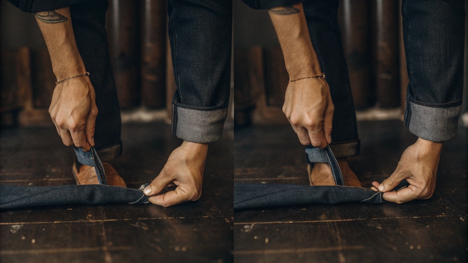 How to Pin-Roll Baggy Jeans A step-by-step graphic showing how to do a pin-roll on baggy jeans.