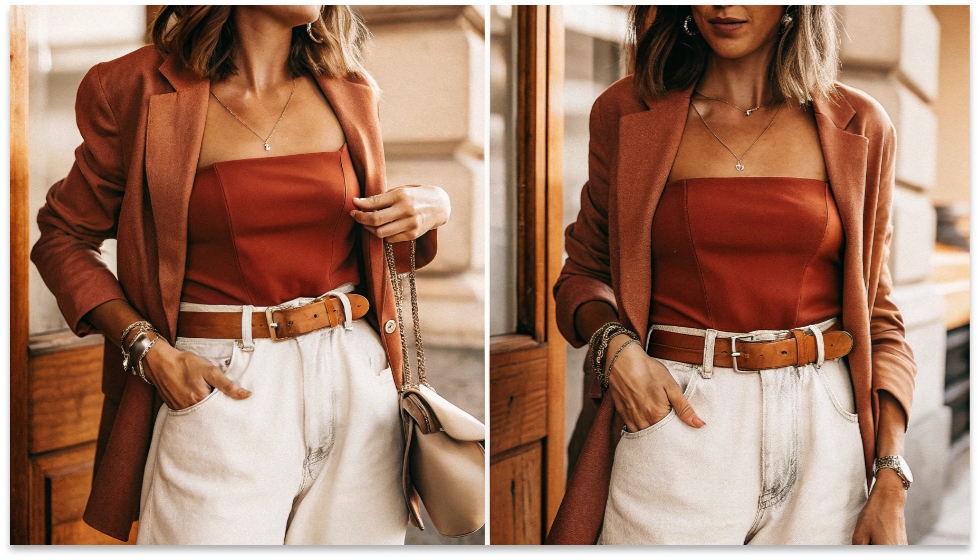 Styling Baggy Jeans for Women A stylish woman wearing high-waisted baggy jeans with a tucked-in top and a blazer.