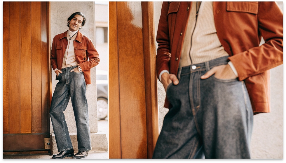 How Guys Can Style Baggy Jeans A stylish man confidently wearing well-fitting dark-wash baggy jeans with a structured jacket.