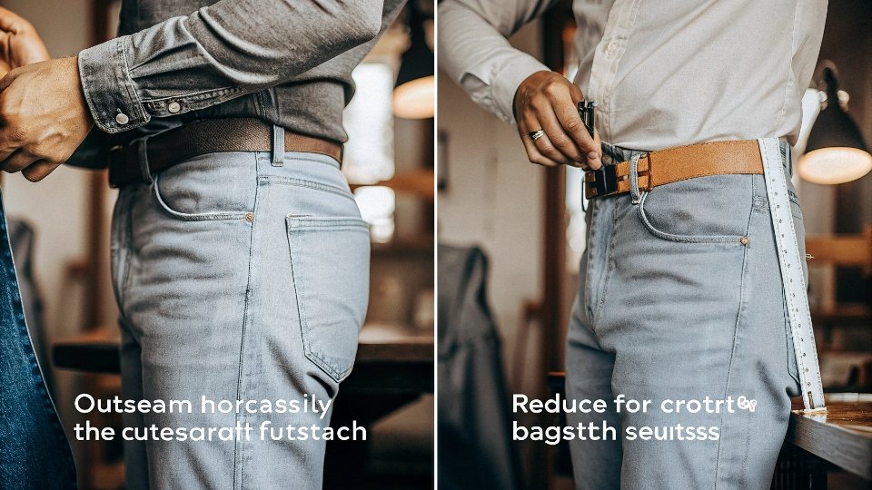 How Outseam Alteration Fixes Crotch Bag A diagram showing how taking in the outseam pulls the fabric horizontally to reduce crotch bagginess.