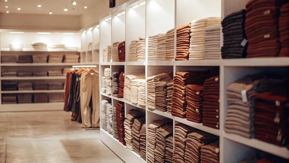 Uniqlo Store Interior The clean, bright, and organized interior of a Uniqlo store, showcasing stacks of colorful, simple basics.