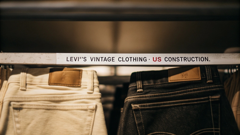 Levi's Vintage Clothing Made in USA A pair of Levi's Vintage Clothing jeans with a tag emphasizing its historical accuracy and US construction.