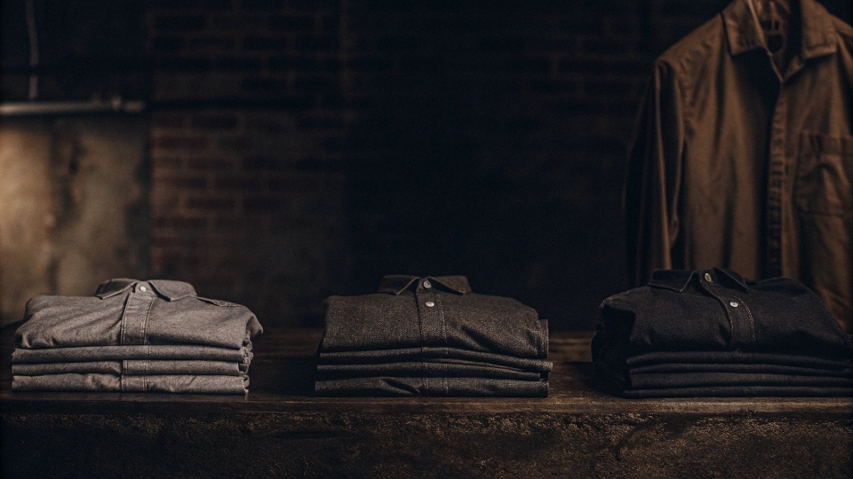 Fabric Weight Comparison A visual comparison showing the thickness of a t-shirt, a dress shirt, and a piece of 12 oz denim.