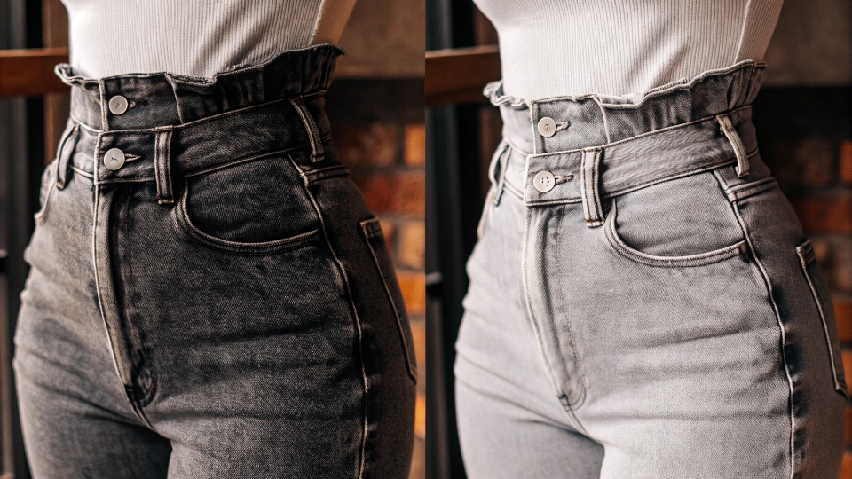 Proper Waist Fit for Baggy Jeans A close-up shot highlighting the perfectly fitted high waist of a pair of women's baggy jeans.