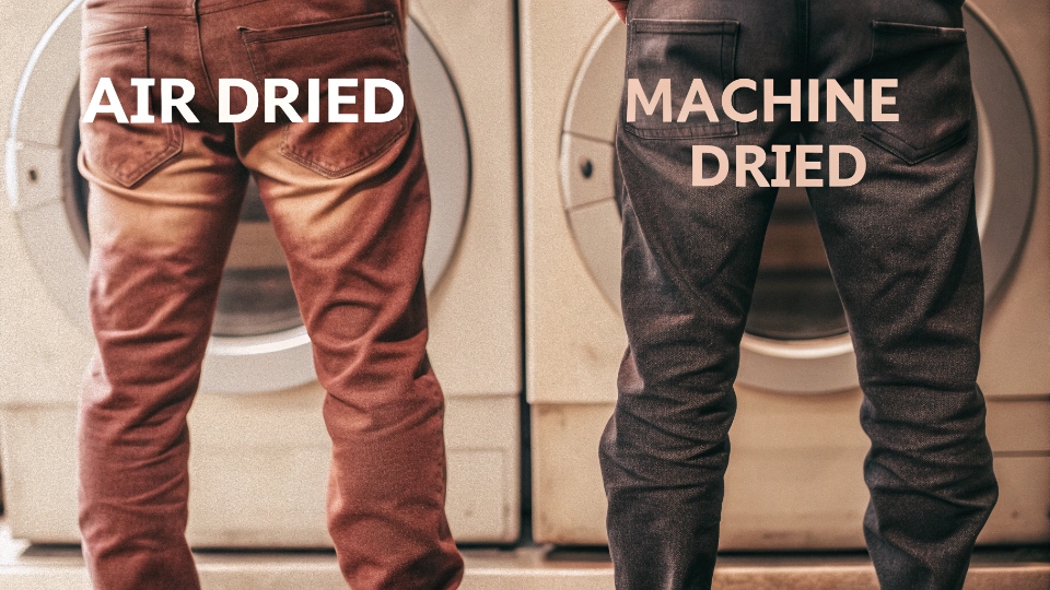 Air Dried vs. Machine Dried Jeans Comparison A graphic comparing two pairs of jeans, one labeled "Air Dried" looking rich in color and the other "Machine Dried" looking faded and slightly smaller.