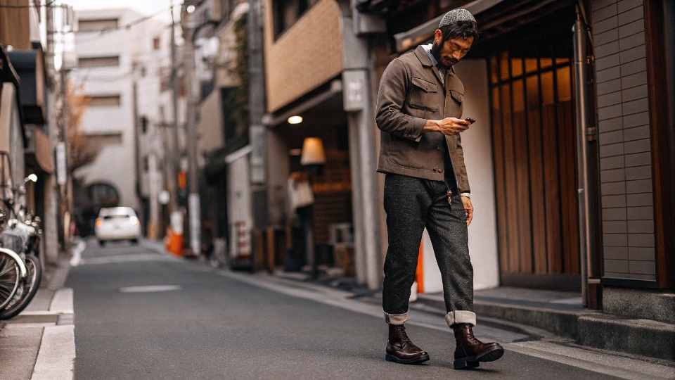 Amekaji Style in Tokyo A stylish man on a Tokyo street wearing a full Amekaji outfit: cuffed selvedge jeans, heavy-duty leather boots, and a workwear-style jacket.