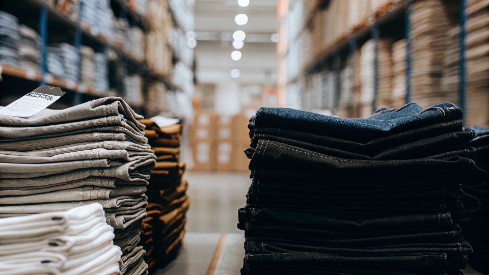 Rustler Jeans for Sale Today A photo of stacks of new Rustler jeans on a retail shelf in a big-box store.