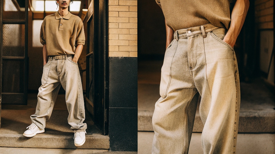 Modern Polo with Baggy Jeans A fashion-forward man pairing baggy jeans with a contemporary, relaxed-fit knitted polo shirt.