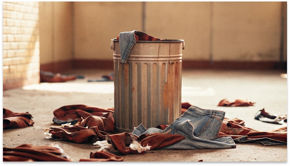 The Short Lifespan and Waste of Cheap Jeans A trash can overflowing with discarded, torn, and faded fast-fashion jeans.