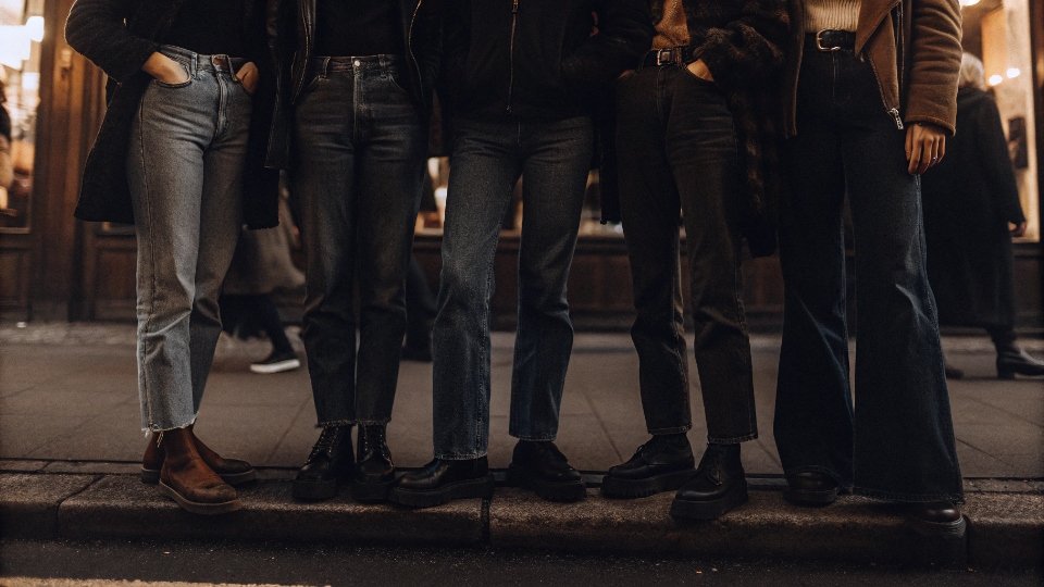 Gen Z Fashion and the Rise of Loose-Fit Denim A group of young, stylish Gen Z individuals wearing various loose-fit denim styles on a city street.