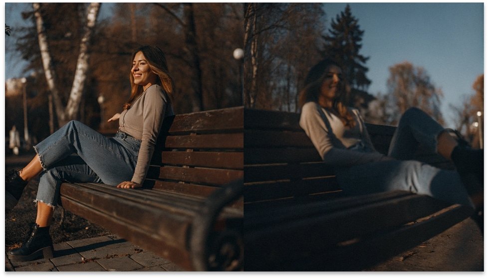 The Practicality of Jeans vs. Dresses in Everyday Life A split-screen image showing a woman in jeans comfortably sitting on a park bench on the left, and a woman in a dress cautiously sitting on the same bench on the right.