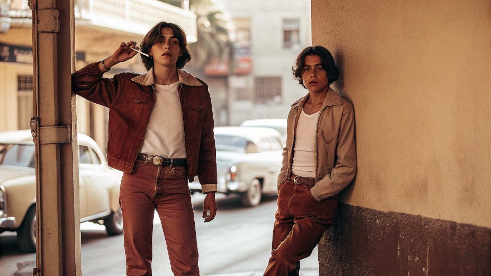 The Rise of Jeans as a Symbol of Youth Counterculture A black and white photo of 1950s teenagers wearing cuffed jeans, symbolizing youth rebellion and a new casual style.