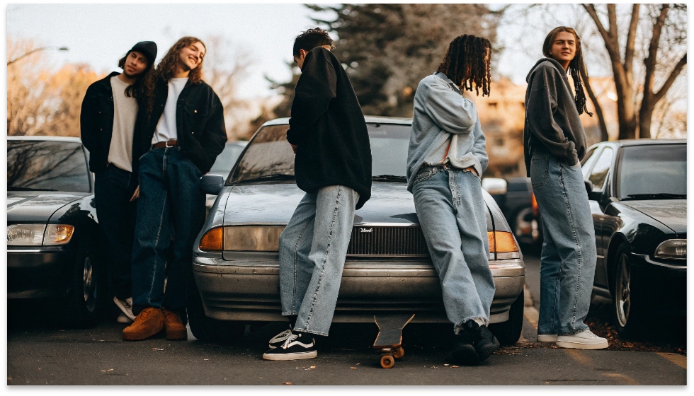 The Height of the JNCO Trend in the Late 90s A vintage 1990s photograph of a group of teenagers standing in a suburban parking lot, wearing massively oversized JNCO jeans with 50-inch leg openings.