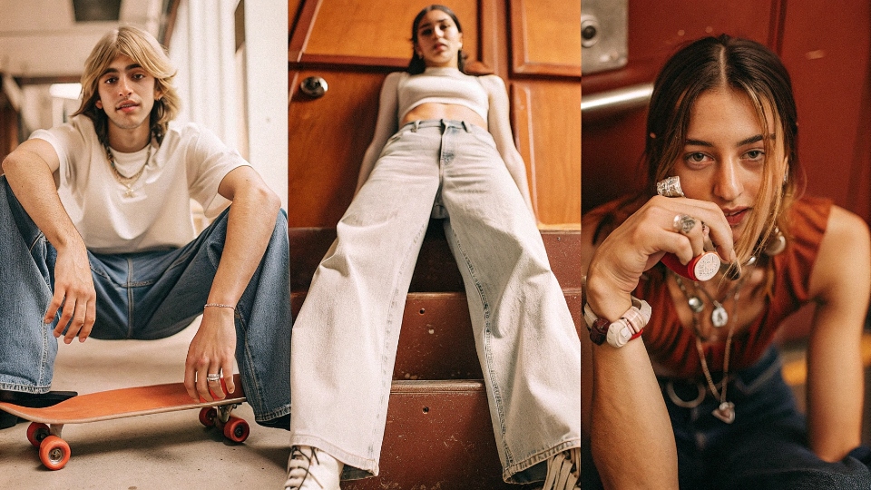 The Tribes of the 90s: Skaters, Ravers, and Freaks A collage of 90s subcultures: a skater with a board, a raver with candy jewelry, and a goth teen, all wearing wide-leg jeans.