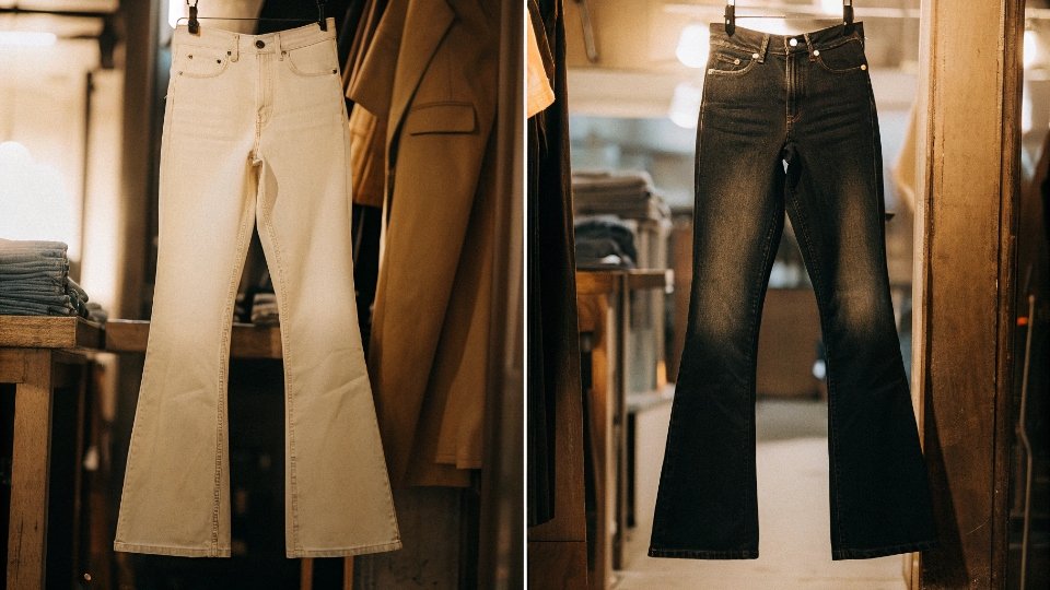 Waistline Wars: 1970s Hip-Huggers vs. 1980s High-Waists A split image showing high-waisted "mom jeans" from the 1980s on one side and 1970s "hip-hugger" bell bottoms on the other.