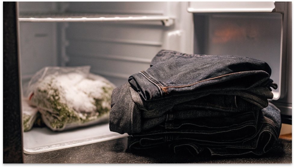 The Myth of Freezing Jeans to Clean Them A pair of folded raw denim jeans sitting inside a frosty freezer next to bags of frozen vegetables.