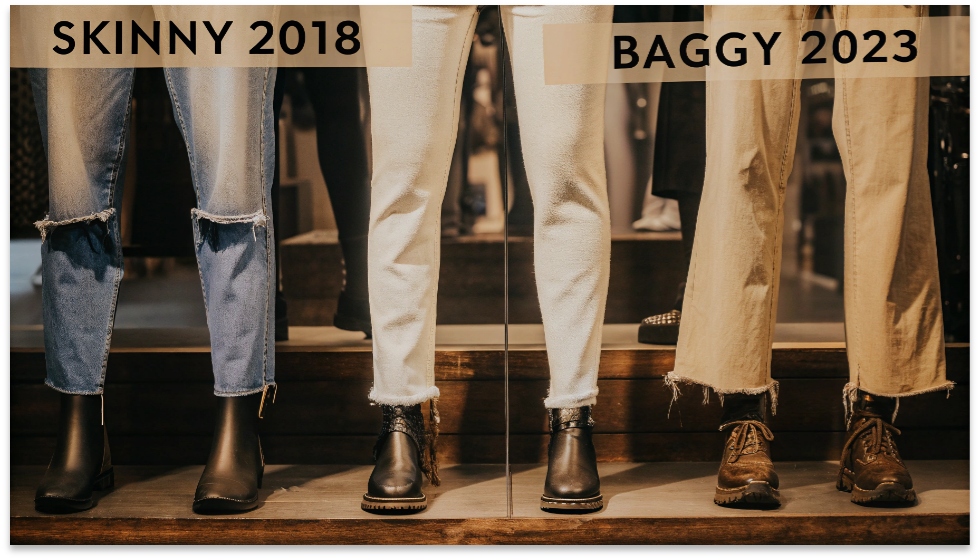 The Shifting Tides of Denim Silhouettes A fashion timeline infographic showing the decline of skinny jeans from 2018 and the rise of baggy jeans peaking in 2023.